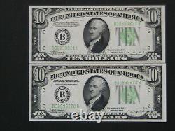 1934 A Series Ten Dollars 2 Consecutive Federal Reserve Notes Nice