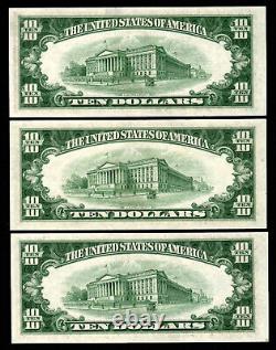 1950d Set Of 3 $10 Ten Dollar Federal Reserve Note Chicago Ending 25 Gem Unc