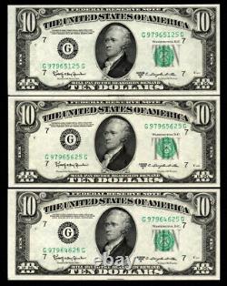 1950d Set Of 3 $10 Ten Dollar Federal Reserve Note Chicago Ending 25 Gem Unc