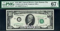 1963 $10 Kansas City Federal Reserve Note FRN 2016-J. PMG 67 EPQ. TOP POP 5/0
