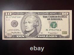 1999 Crisp $10 Ten Dollar Frn Federal Reserve Note Overprint Back Number Error