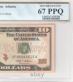 2009 10$ Ten Dollar Note Near Solid Fancy Serial Number 66666610 PCGS 67 PPQ