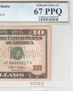 2009 10$ Ten Dollar Note Near Solid Fancy Serial Number 66666617 PCGS 67 PPQ
