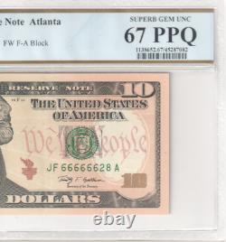 2009 10$ Ten Dollar Note Near Solid Fancy Serial Number 66666628 PCGS 67 PPQ