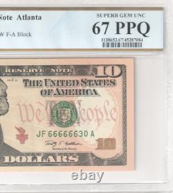 2009 10$ Ten Dollar Note Near Solid Fancy Serial Number 66666630 PCGS 67 PPQ
