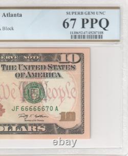 2009 10$ Ten Dollar Note Near Solid Fancy Serial Number 66666670 PCGS 67 PPQ
