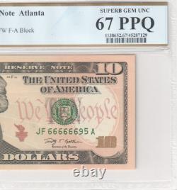 2009 10$ Ten Dollar Note Near Solid Fancy Serial Number 66666695 PCGS 67 PPQ