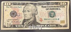 2013 10 Ten Dollar Note Low Serial Number Rare Fancy MA 00111234 B