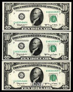 3x 1950e $10 Ten Dollar Federal Reserve Note Chicago Fancy S/n Ending In #48 Gem