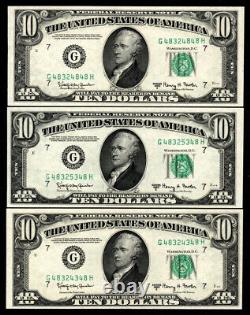 3x 1950e $10 Ten Dollar Federal Reserve Note Chicago Fancy S/n Ending In #48 Gem