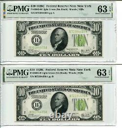 FR 2003-B 1928C $10 Federal Reserve Note LIGHT GREEN PMG 63 EPQ 2 CONSECUTIVE