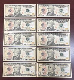 Lot of 10 Uncirculated $10 Ten Dollar Bills Series 2017A Sequential Notes Lot #2