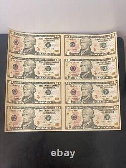 Lot of 8- Uncut US Currency Sheet- Ten Dollar Notes- Series 2009- Uncirculated