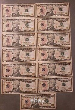 NEW TEN Dollar Bills, SERIES 2017A $10 Sequential Notes LOT of 13