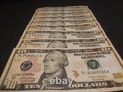 NEW Uncirculated TEN Dollar Bills, Series 2017A, $10 Sequential Notes, Lot of 9