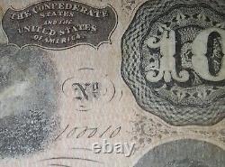 TRUE BINARY 100010 $10 Confederate Note ca 1864 Fancy Rare Serial Repeater $1