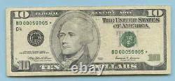 Ten Dollar Bill Old Star Note Repeater Low Number Bd 00050005