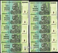 10 Trillion Dollars Zimbabwe x 10 Billets de banque AA 2008 Utilisés 100 % Authentiques + COA