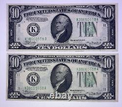 1934 ($10) Ensemble consécutif de deux billets de dix dollars à sceau vert