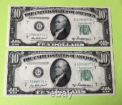 1950 B Chicago, IL $10 Dix Dollar 2 Billets STAR Séquentiels Très Rares Non Circulés