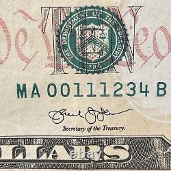 2013 Billet de dix dollars avec un numéro de série bas Rare Fantaisie MA 00111234 B