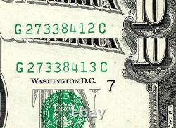 2 Billets de banque consécutifs de 10 dollars de 1969B CU Federal Reserve Note Série G CHICAGO GEM UNC