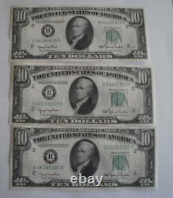 3 billets de 10 dollars de 1950 en séquence du Federal Reserve Note, monnaie vintage des États-Unis
