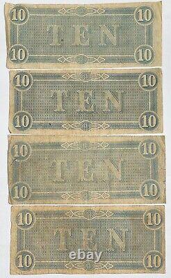 4x 1864 Billet de 10 dollars de la Confédération de Richmond de la guerre civile ITEM #4