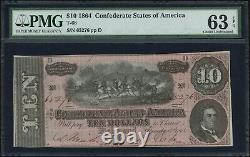 Billet de 10 dollars des États confédérés d'Amérique de 1864 T-68 PMG UNC CU 63 EPQ