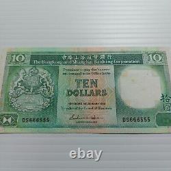 Billet de banque de 10 dollars de Hong Kong de 1985 avec le numéro de série répété rare DS-666555