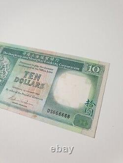 Billet de banque de 10 dollars de Hong Kong de 1985 avec le numéro de série solide rare DS 666666
