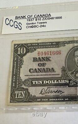 Billet de banque de dix dollars de 1937 de la Banque du Canada Zd Z/d 0461666 Très bien/20 Gordon
