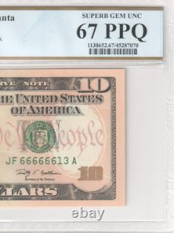 Billet de dix dollars de 2009 avec un numéro de série fantaisie presque solide 66666613 PCGS 67 PPQ