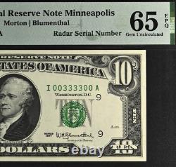 Billet de la Réserve fédérale de 10 $ de 1977, PMG 65EPQ, rare numéro de série radar fantaisie 00333300