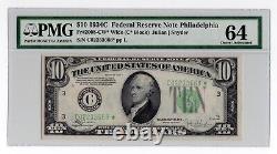 Billet de réserve fédérale de 10 $ de 1934C Fr#2008-CW Wide avec une étoile de Philadelphie, noté PMG 64 CU.
