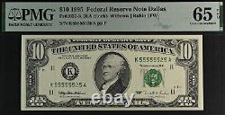Billet de réserve fédérale de 10 $ de 1995 à Dallas, PMG 65EPQ, numéro de série presque solide 55555525