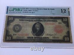 Billet rare de 10 $ à sceau rouge de 1914 de la Réserve fédérale de St. Louis, note PMG 12 de dix dollars