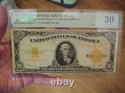 Certificat en or de 10 dollars de 1922, billet de note PMG VF30 Fr#1173 de grande taille avec numéro de série
