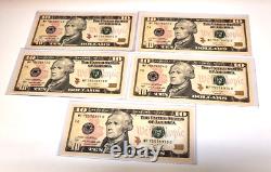Cinq billets de 10 $ FED de 2013, bloc MF/F Atlanta-GEM-CHCU, en séquence, de très bonne qualité.