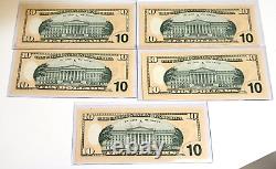 Cinq billets de 10 $ FED de 2013, bloc MF/F Atlanta-GEM-CHCU, en séquence, de très bonne qualité.