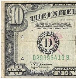 Erreur de billet de 10 dollars Federal Reserve Note Green Seal 1934c Ancien Billet