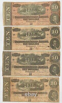 Lot de 4 billets de 10 dollars de la Confédération de Richmond de 1864