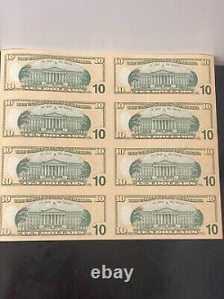 Lot de 8- Feuille de devises américaines non coupées- Billets de dix dollars- Série 2009- Non circulés