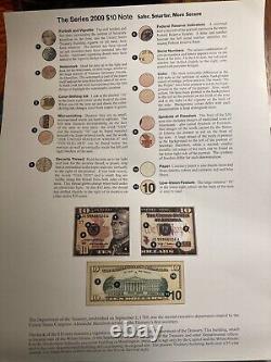 Lot de 8- Feuille de devises américaines non coupées- Billets de dix dollars- Série 2009- Non circulés
