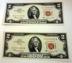 Lot de DIX billets de 2 dollars rouges consécutifs de 1963 non circulés