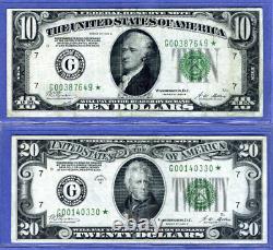 Paire RARE de billets étoile de 1928-B = 10 $ et 20 $ = les deux ont un sceau vert foncé de Chicago