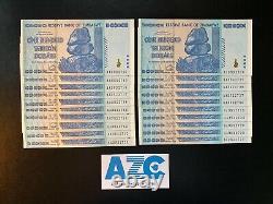 Pile de 20 billets authentifiés de 100 billions de dollars du Zimbabwe, livraison gratuite, P-91
